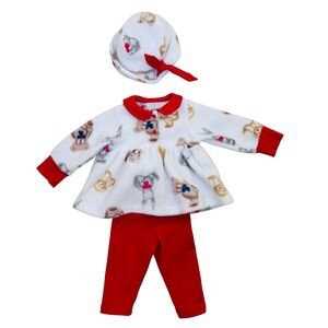 VTG Y2K Carters Fleece Outfit 3pc Set Top Pants Hat Teddy Bunny Print Red‎ 3-6M